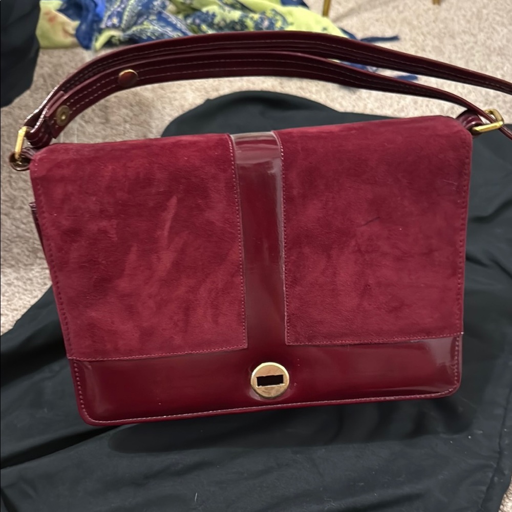 Red Suede Shoulder Bag with Flap Closure